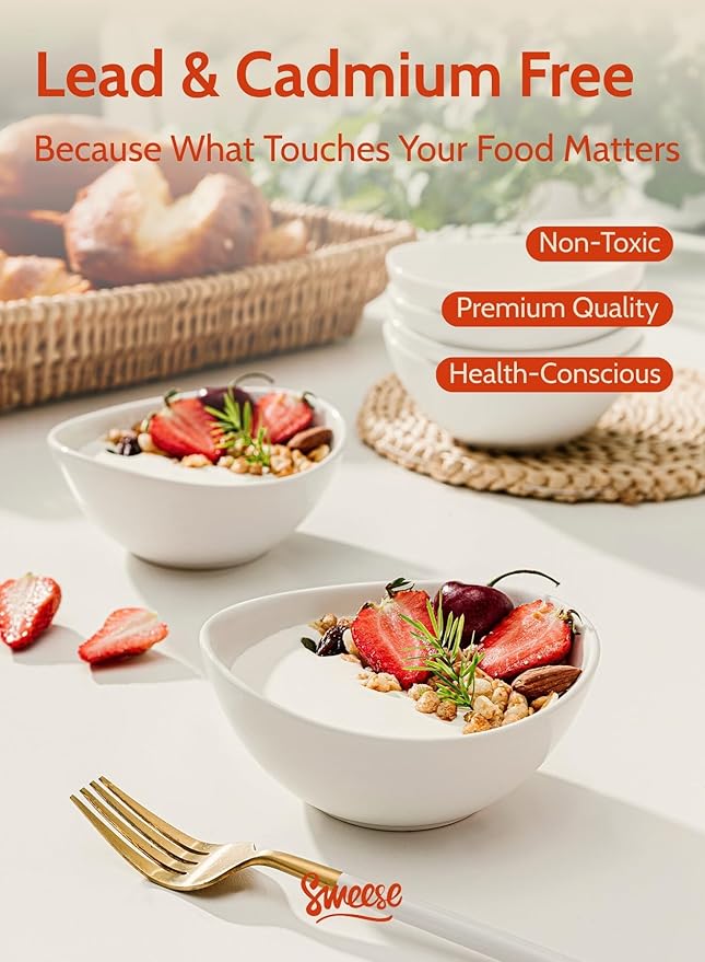 Sweese Porcelain Bowls Set 5 Inch, 10 oz - Set of 4 White Bowls for Dessert, Ice Cream, Soup, Rice & Fruits | Microwave, Dishwasher & Oven Safe