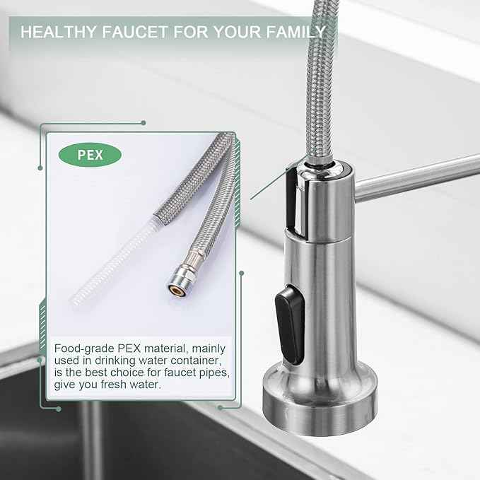 WEWE Kitchen Faucets, Brushed Nickel Kitchen Faucet with Pull Down Sprayer, Industrial Spring Single Handle Stainless Steel Kitchen Sink Faucet with Deck Plate, 1 Hole or 3 Hole for Laundry Rv