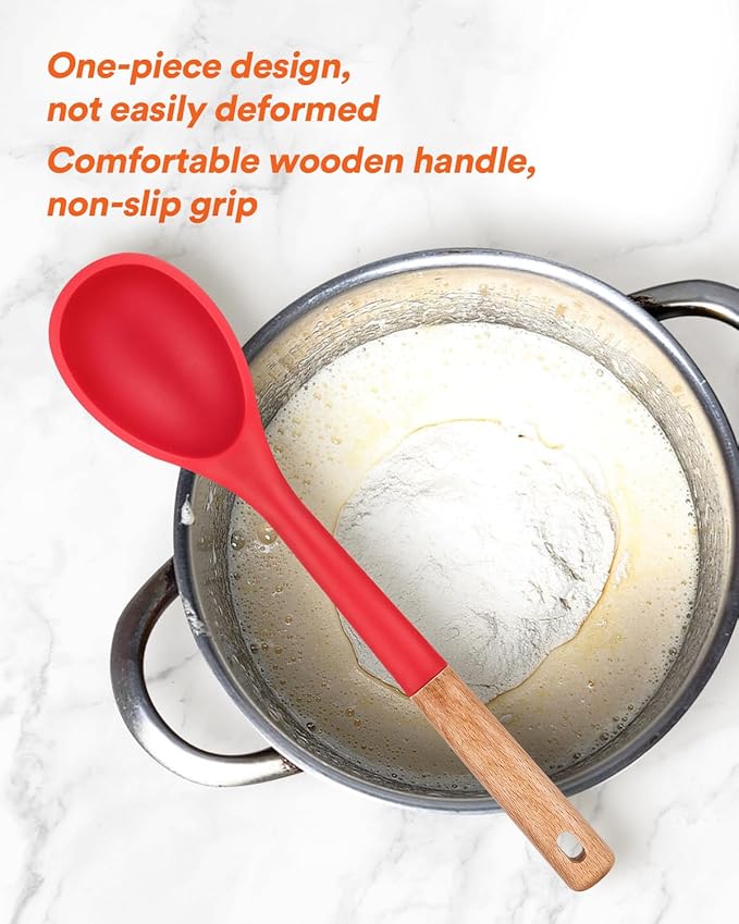 Large Silicone Cooking Spoons, Nonstick Solid Wooden Handle Spoon, Heat Resistan Silicone Kitchen Spoons for Cooking, Serving, Basting, Mixing, 13.2inch (RED)