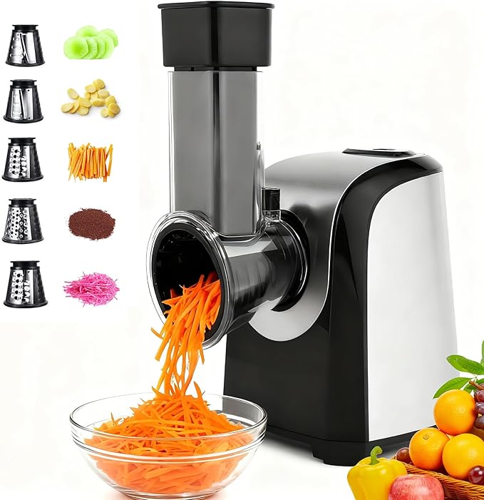 Electric Cheese Grater 150W Salad Maker 5 Different Shapes of Blades for Slicing/Shredding/Grinding, Compact Kitchen Electric Slicer Shredder for Block Cheese, Vegetables, Fruit, Carrots