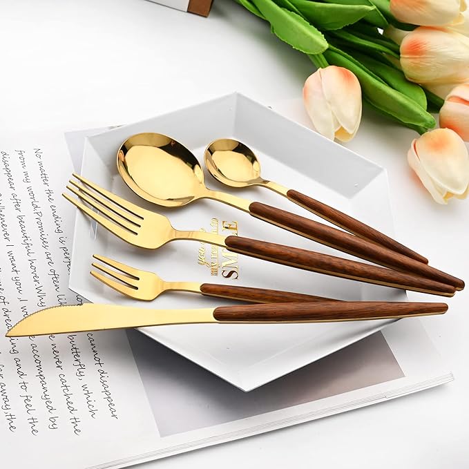 20 Piece (4 Set) Wood Handle Silverware Set, Retro 18/0 Stainless Steel Cutlery Set, Kitchen Utensils Include Knife Fork Spoon, Mirror Polish, Gold