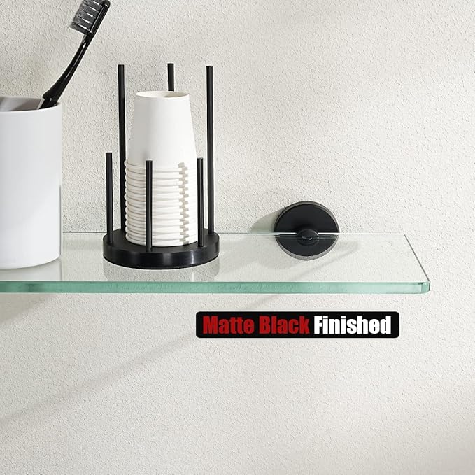 JQK Bathroom Glass Shelf Black, Tempered Glass Shower Storage 12 by 5 inches, 304 Stainless Steel Matte Black Wall Mount, TGS101L12-PB