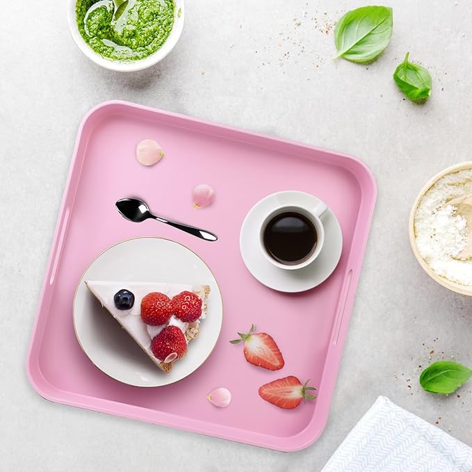 Square Pink Decorative Serving Tray with Handles, Versatile Ottoman Tray for Coffee Table, Entertaining, Outdoor Patio, Living Room, 13”*13”*1.6”