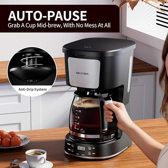 12-Cup Drip Coffee Maker with Reusable Filter,Programmable Clock,Auto Brew,Water Window,Keep Hot Plate,Glass Carafe,Compact Design for Kitchen,Office,Silver and Black,Stainless Steel