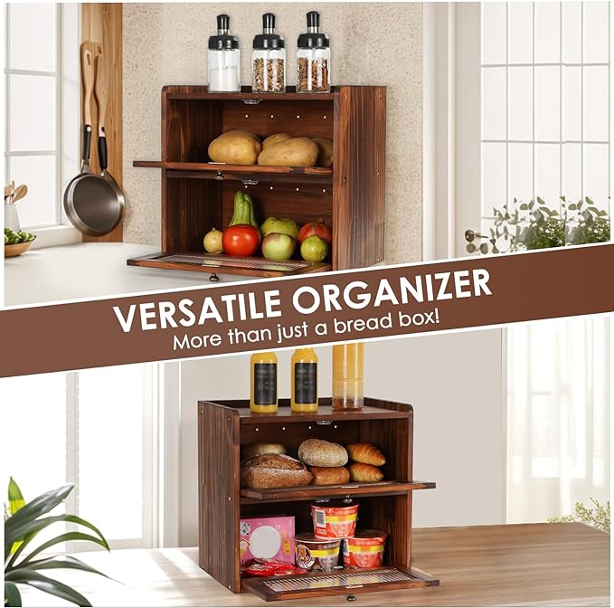 Sunhoo Bread Box for Kitchen Countertop Wooden Bread Storage Container Bin 2 Layer Breadbox Holder Large Capacity Keeper Vintage Farmhouse Food Organizer Pantry Shelf Acrylic Window（Black）