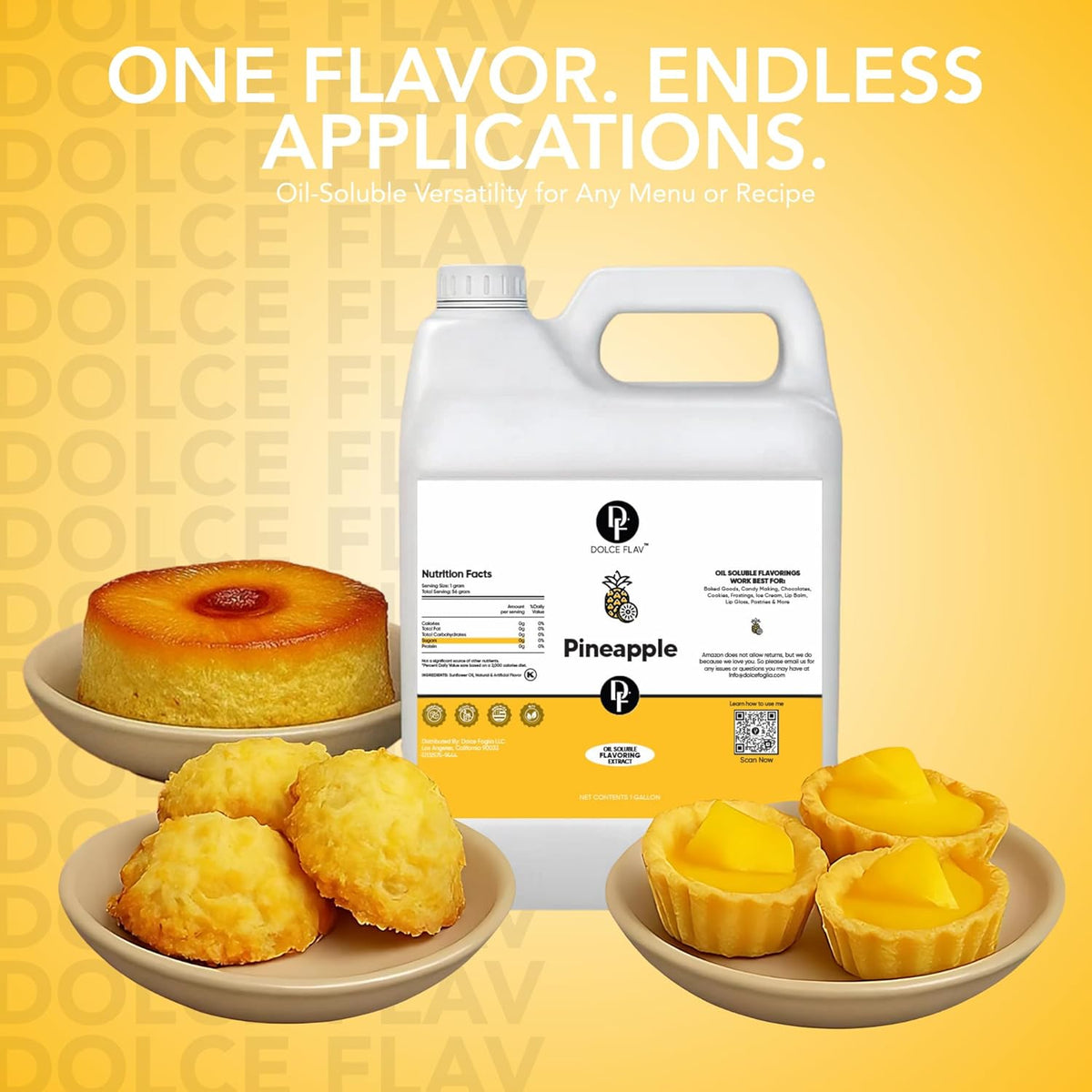 Dolce Flav Pineapple Extract – 1 Gallon Oil-Soluble Kosher, Sugar-Free, Concentrated Tropical Flavor for Candy, Chocolates & Desserts, Includes Measured Dropper
