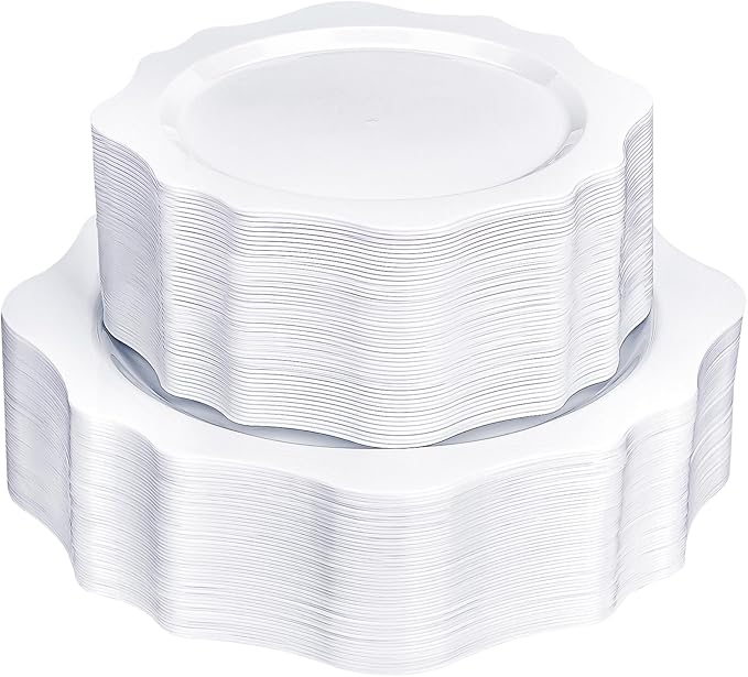 100 PCS White Disposable Plates for 50 Guests, Scalloped Plastic Plates Include 50 Dinner Plates and 50 Dessert Plates for Party, Wedding