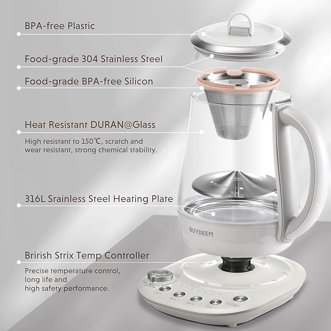 BUYDEEM K156 Tea Maker, Electric Kettle for Coffee and Tea Brewer, 6 Brew Strength Selection for Extracting, 4 Temperature Settings, Boil Dry Protection, 2 Hours Auto Keep Warm, Oat White, 1.5L/1.6QT