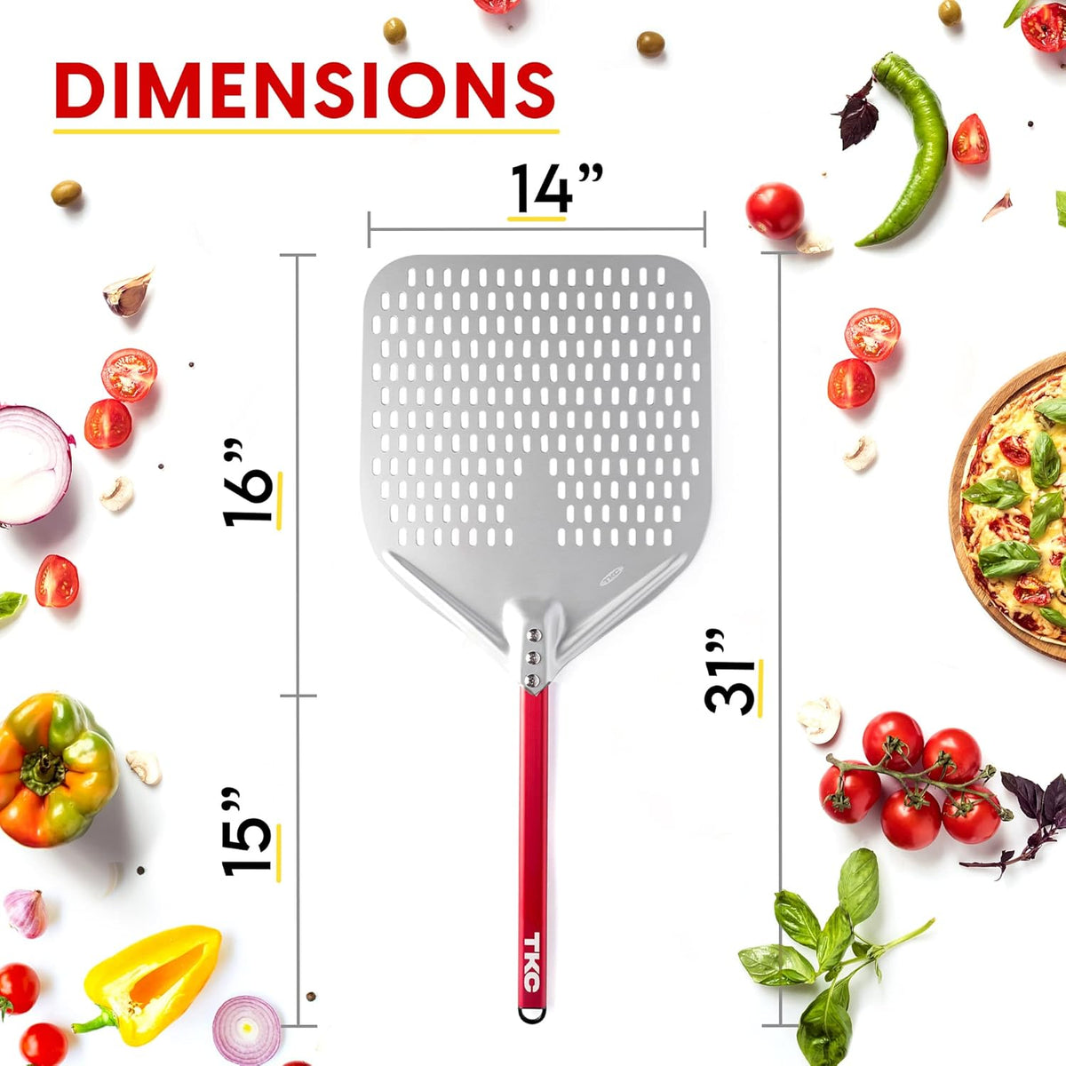 TKC 14” Perforated Pizza Peel – 31 Inch Long Handle Perforated Aluminium Pizza Paddle – Lightweight Pizza Turning Peel – Commercial Grade Pizza Spatula - Outdoor Pizza Oven Accessories - (Silver/Red)