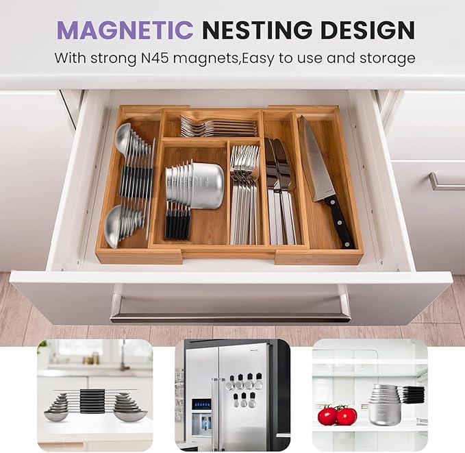 Magnetic Measuring Cups and Spoons Set-Heavy Duty 304 Stainless Steel，Double Measurement Markings，Set of 16 with Leveler for Measure Dry and Liquid Ingredients (Black)