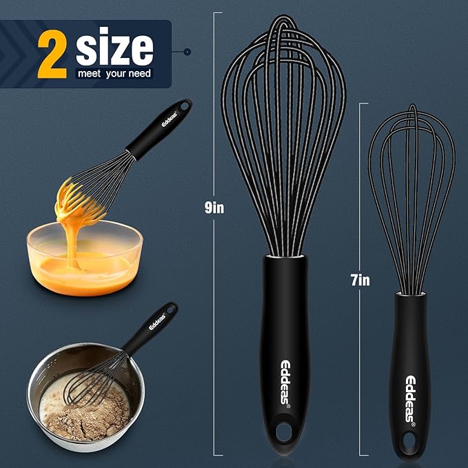 Mini Silicone Whisk, Small Silicone Whisk 7+9in, BPA free Non Scratch Coated Protect your Ceramic Pots and Pan.Perfect for Whisking, Beating, Mixing.Black
