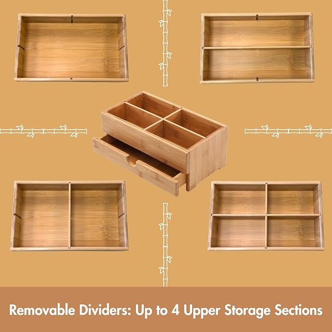 GOBAM Makeup Storage Drawer Organizer Bamboo Wood Cosmetic Display Box, Large Capacity Bathroom Beauty Countertop Organizer, Great for Bathroom Dresser