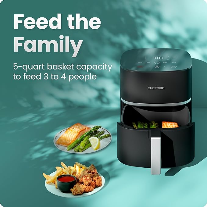 Chefman TurboX 4-in-1 Air Fryer, 5-Quart Airfryer for Extra Crispy Chicken, Fries, Wings, and More, Air Fry, Bake, Reheat, and Frozen Functions, Digital Touch Controls, Dishwasher Safe
