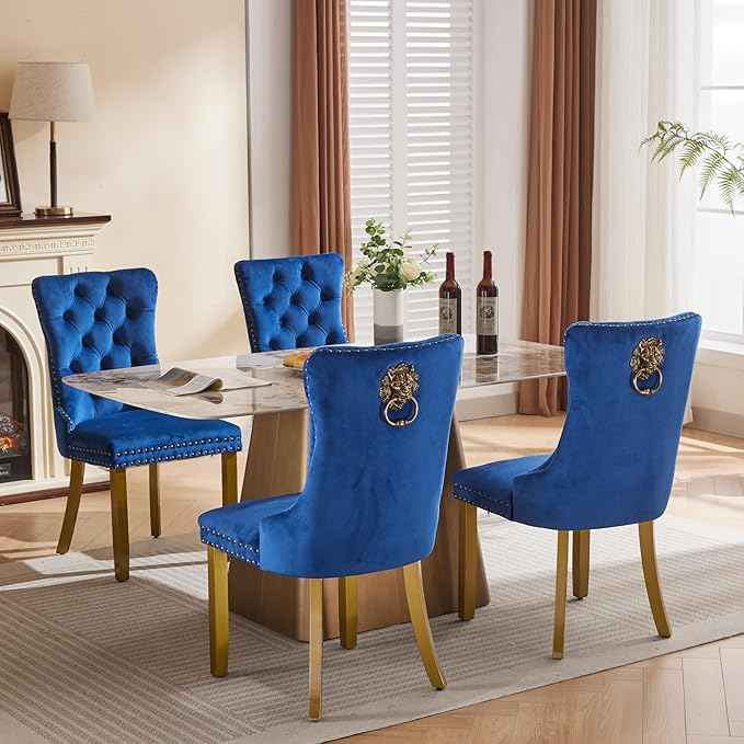 Velvet Dining Chairs Set of 4, Modern Tufted Dining Room Chair, Upholstered Dining Chairs with Lion Head Pulls Ring and Golden Solid Wood Legs, Luxury Kitchen Chairs for Dining Room, Blue