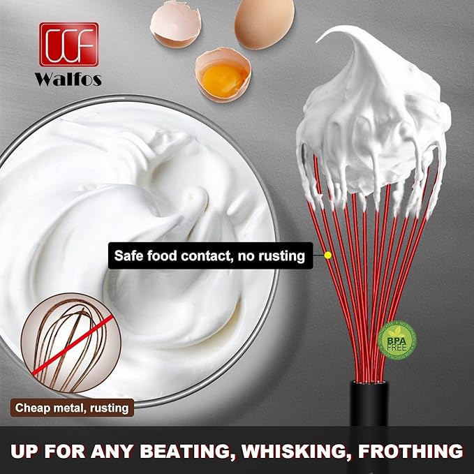 Walfos Whisk,Silicone Whisk Non Scratch-Whisks for cooking set of 4 Heat Resistant(480°F).Nice for Blending Beating Stirring and Kitchen Cooking &Baking.BPA Free and Dishwasher safe.(5+7+9+11inch )Red