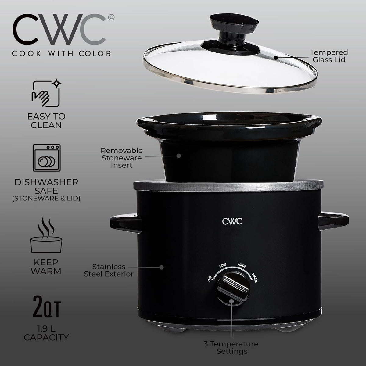 COOK WITH COLOR 2QT Mini Electric Round Slow Cooker - Adjustable Settings, Removable Stoneware Pot, Tempered Glass Lid, Dishwasher Safe, Cool-Touch Side Handles, Black