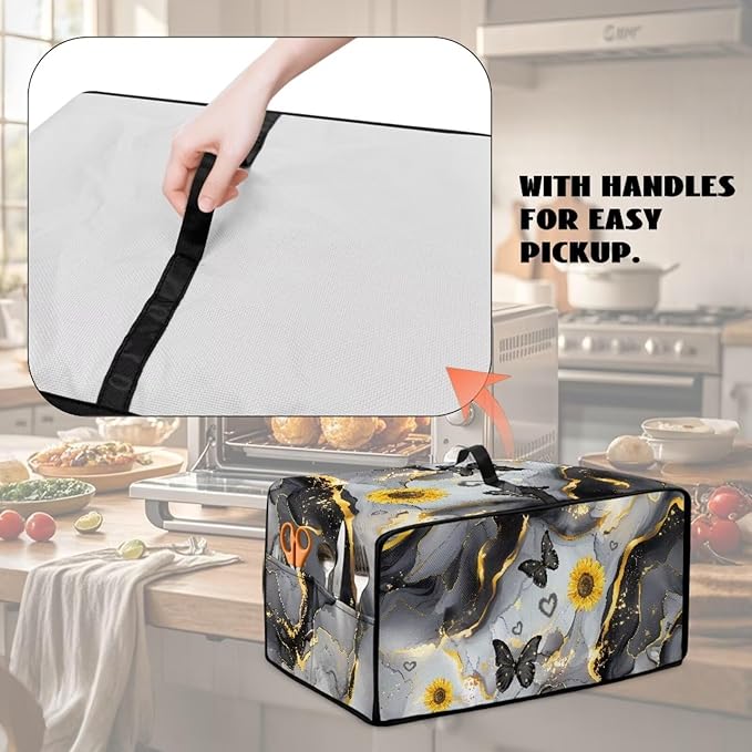 Convection Oven Cover Countertop Appliance Covers Stain-resistant Microwave Oven Protector for Kitchen Home Decor, M, Black Gray Gold Marble Butterfly Sunflower
