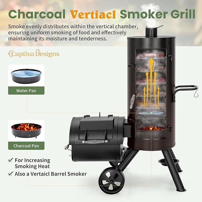 Captiva Designs Charcoal Vertical Smoker Grill and Offset Smoker Grill Combo, Extra Large Outdoor Barrel BBQ Meat Smoker with 5 Removable Smoking Grates & Built-in Hooks for Various Meat Foods