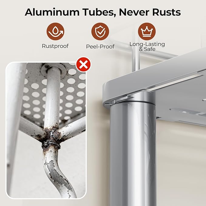 Orimade Rustproof 4 Tier Floor Standing Corner Shower Caddy Organizer with Toothbrush Holder, Large Spacing Floor Shower Shelf Rack Storage Stands with Hooks for Bathroom Kitchen, Silver