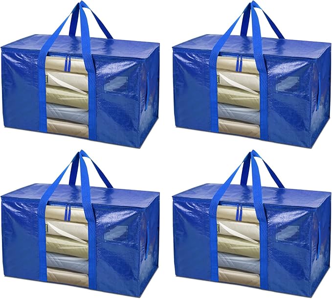 BALEINE 4-Pack Oversized Moving Bags with Reinforced Handles, Heavy-Duty Storage Tote Moving Supplies for Packaging, Camping (Blue w/Window, 4-Pack)