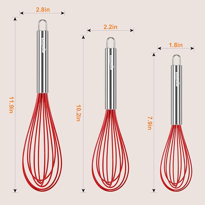 NileHome Whisk Commercial Stainless Steel wisk & Silicone Non-Stick Coated Small Whisk Set 8" 10" 12" Kitchen Wisk Wire Whisks for Cooking 3 Pack, Red