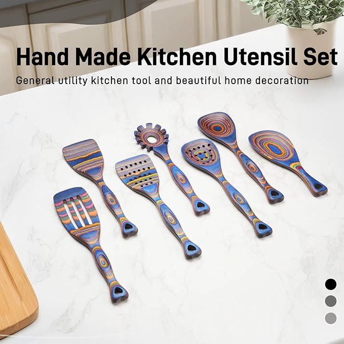 Gudamaye Pakkawood Wooden Cooking Utensils Set 7-Piece-Wooden Spoons for cooking, Wooden Utensil set with Ergonomic Non-Slip Handles, Heat-Resistant & Stylish Cooking Spoons, Non-Stick Spoon