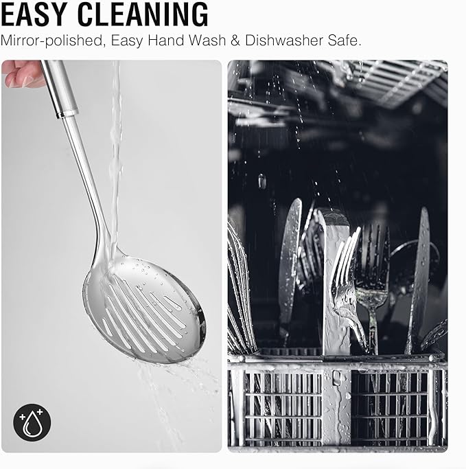 Stainless Steel Cooking Utensils 7PCS Kitchen Utensils Set, Heat Resistant Handle Utensils Set Included Ladle, Meat Fork, Slotted Spatula, Pasta Fork, Masher, Solid Spoon, Skimmer Spoon
