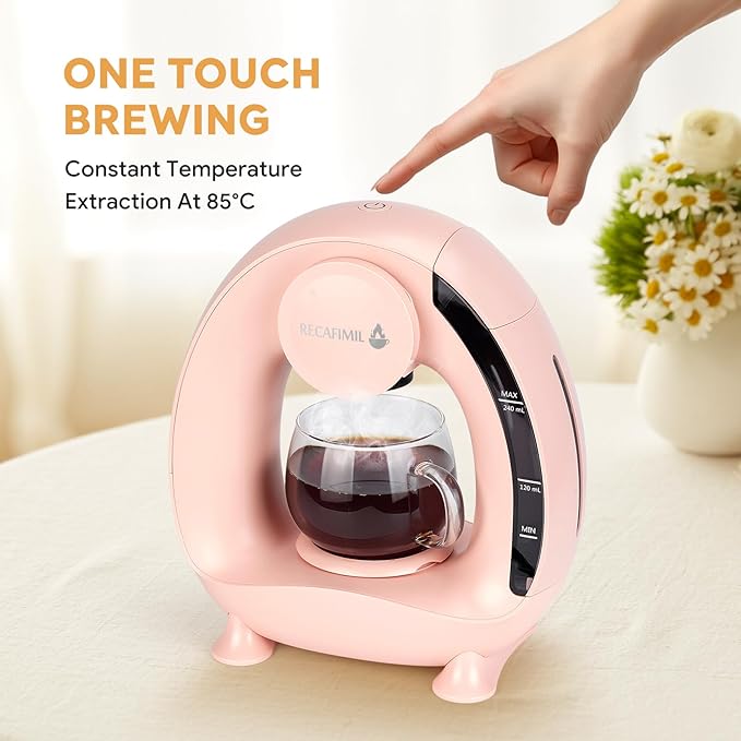Single Serve Coffee Maker For K Cup Pod and Coffee Grounds /Tea, Fast Brew in 2 minutes, 2 IN 1 One Button Coffee Machine 4-8 Oz Brew Sizes, Stylish＆Compact For Home, Office, RV and Dorm, Pink