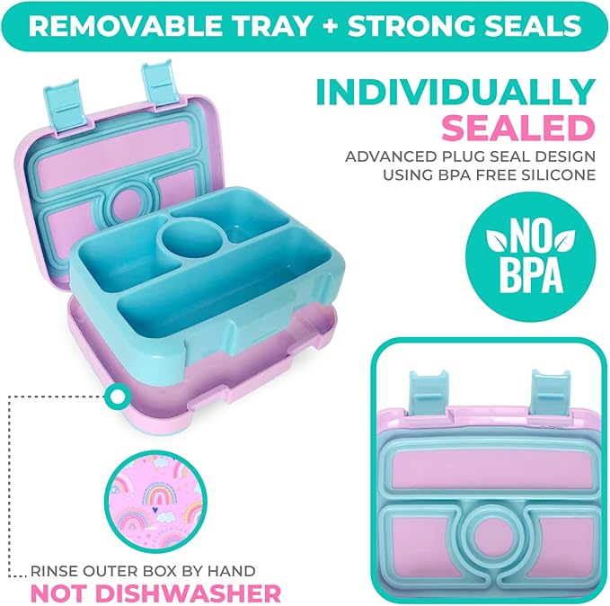 Bento Lunch Box with Insulated Bag, Water Bottle & Ice Pack Set for Kids Toddlers, 4 Portion Sections, Removable Tray, Pre-School Girl Kid Toddler Daycare Lunches, Snack Container, Purple Rainbow