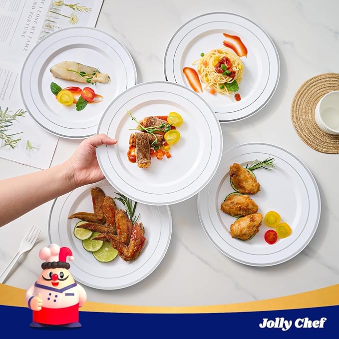 JOLLY CHEF 100 Pieces Silver Plastic Plates, 10 Inch Elegant Disposable White with Silver Rim, Plastic Plates for Thanksgiving, Birthdays and Weddings