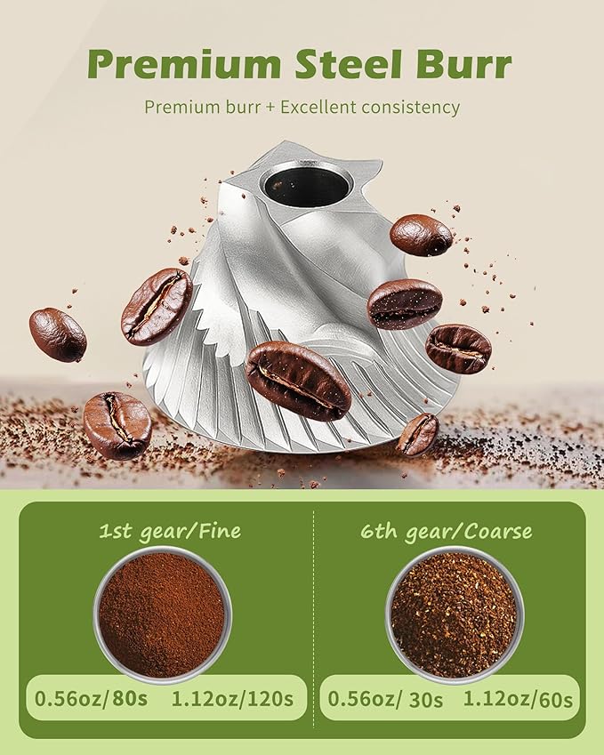 Manual Coffee Grinder with Stainless Steel Burr - 1.12oz Capacity Handheld Mill for Espresso, Drip, Cold Brew with 6 Adjustable Settings & Quiet -Extra Fine Grinding (Stainless Steel Burr)