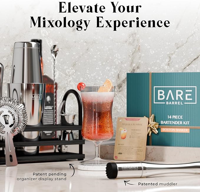 BARE BARREL® Mixology Bartender Kit Bar Set | 14-Piece Cocktail Shaker Set | Martini Barware Mixing Tools for Home Bartending | 35 Recipe Cards | Gift Set (28oz Boston Shaker, Silver/Black)
