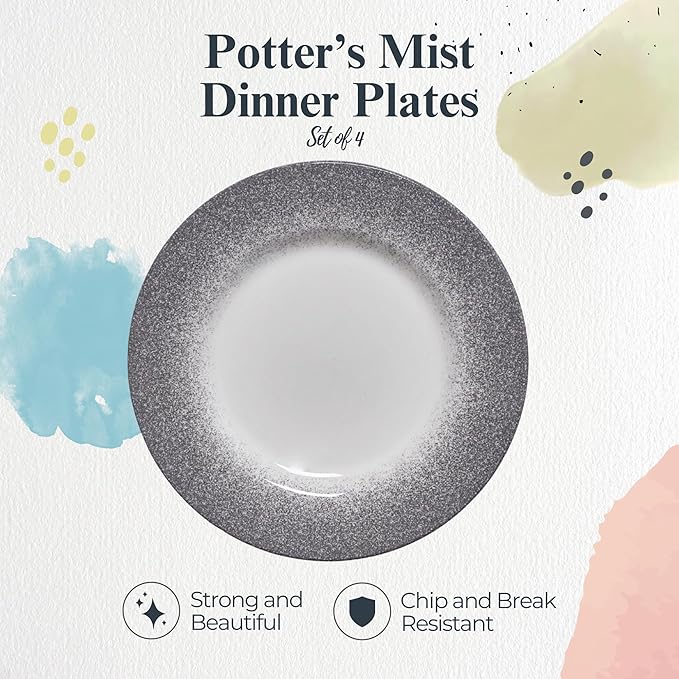 Portmeirion Potter's Mist Dinner Plate (Set of 4) - 10.5" Earthenware Plates with Classic Mist Rim - Microwave, Dishwasher, Freezer, Oven Safe - Ideal Modern Dinnerware Set (Grey Mist)