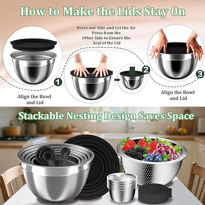 Mixing Bowls with Lids Set, 27Pcs Stainless Steel Nesting Mixing Bowls Set for Kitchen Cooking & Storage, Metal Salad Bowls with Colander, Strainer, Grater & Dressing Containers, Kitchen Gadgets Black