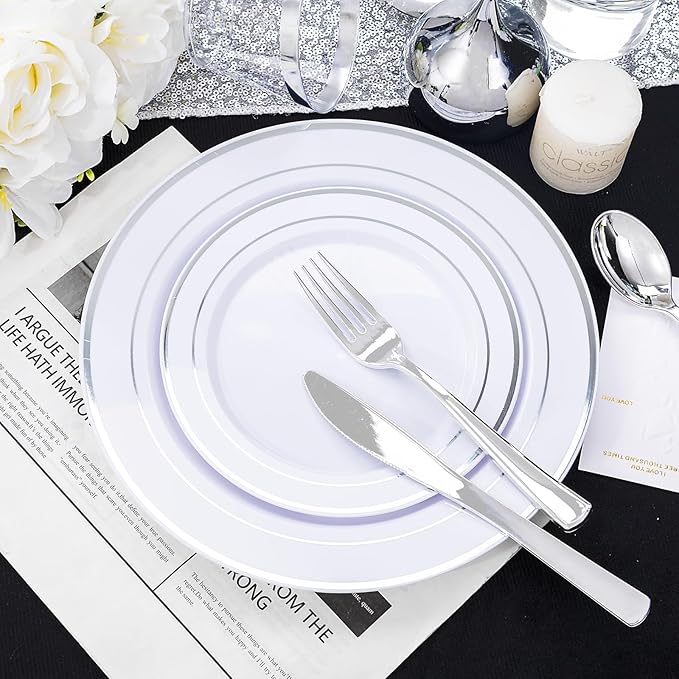 bUCLA 600pcs Silver Plastic Dinnerware Set for 100 Guests - Silver Christmas Dinnerware Set Disposable for Party - Include 100 Dinner Plates,100 Dessert Plates,100Cups,100 Knives,100 Forks,100 Spoons