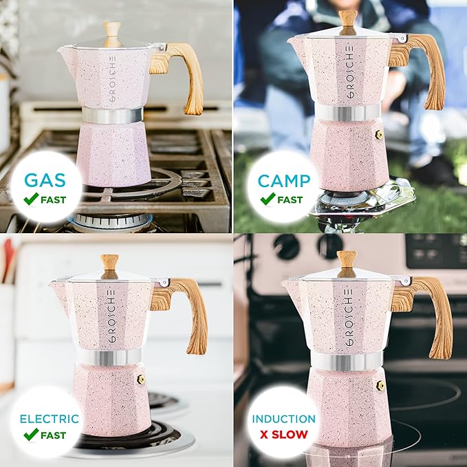 GROSCHE Milano Moka pot, Stovetop Espresso maker, Greca Coffee Maker, Stovetop coffee maker and espresso maker percolator (Pink, 6 cup)