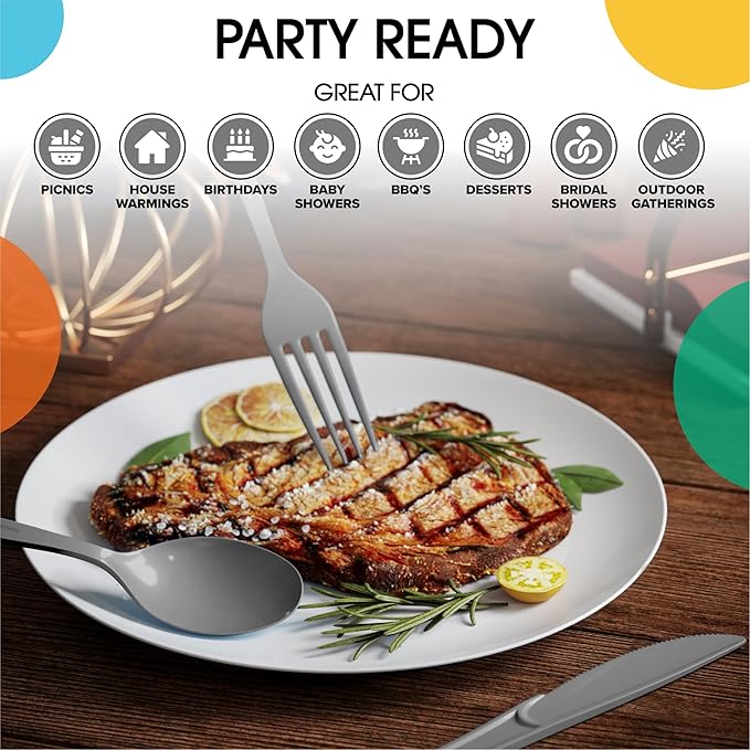 Party Solids Silver Plastic Silverware Heavy Duty 300 Pieces Silver Plastic Cutlery Sets, Utensil Sets, 100 Of Each Forks, Knives & Spoons Disposable Cutlery Set, Flatware Set For Party Supplies