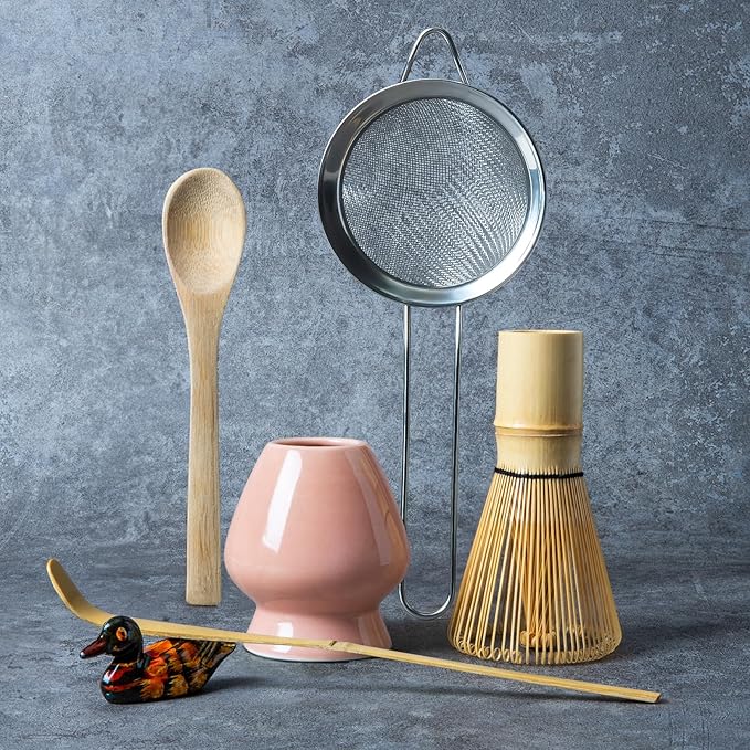 Matcha Whisk Set Pink, Matcha Making Kit Whisk (Chasen Holder), Ceramic Whisk Holder, Bamboo Scoop, Powder Starter Sifter, Spoon Japanese Tea Tools For Ceremony Gift