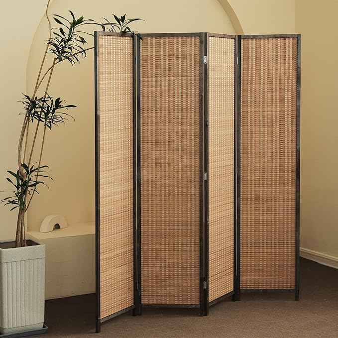 4 Panel Bamboo Room Divider - 5.6 ft Tall Folding Privacy Screen for Room Separation, Natural Brown (67 x 61.4 inches)