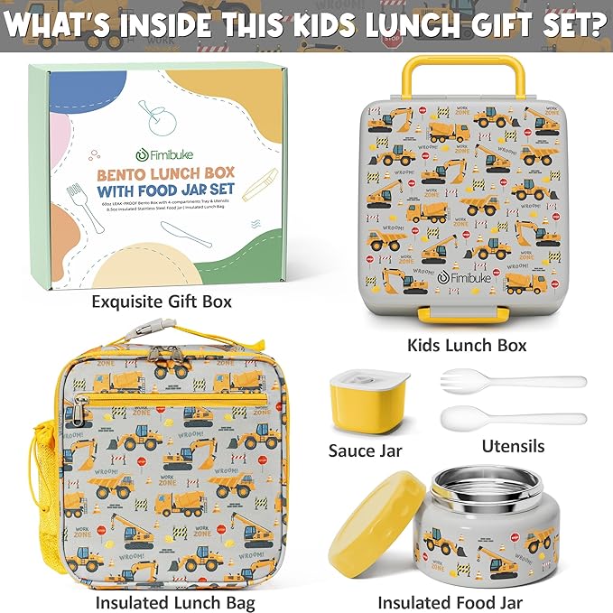 Fimibuke Bento lunch Box Set for Kids Adult with 8oz Thermos Food Jar, Insulated Lunch Bag &Sauce Cup, Leakproof Dishwasher Safe Toddler Lunch Food Container with 3-4 Compartment for School Girls Boys