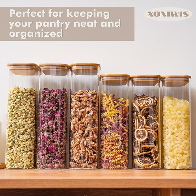54oz 3PCS Rectangle Glass Storage Containers with Lids, Glass Jars with Bamboo Lids, Clear Food Storage Jar, Sugar Coffee Containers, Pantry Container for Pasta, Rice, Flour, Oats, Tea