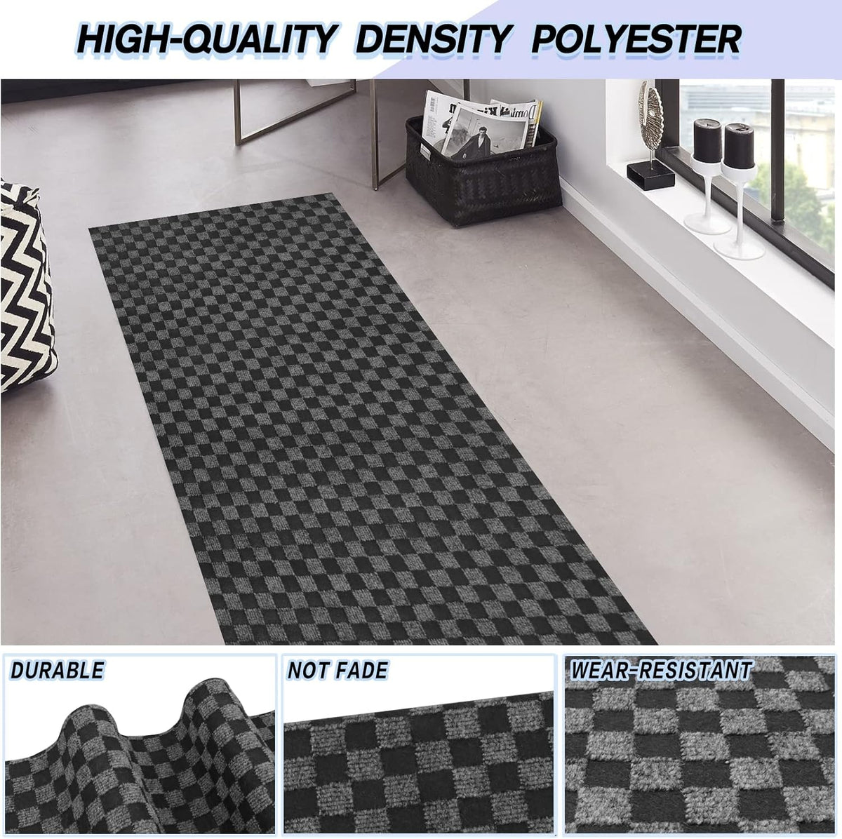 Custom Size Backed Non-Slip Area Rugs Runner, Easy Clean, Waterproof Runner Rugs for Hallway Entryway, Kitchen, Laundry, 2FT x 43FT, Gray Checkered