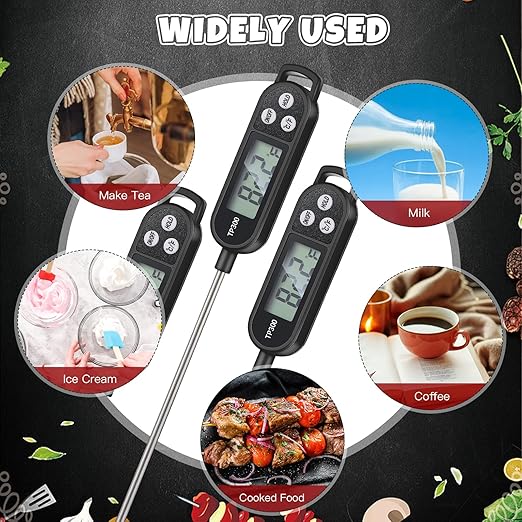 6 Pcs Instant Read Meat Thermometer with Long Probe 9.65 Inch Kitchen Cooking Food Candy Waterproof Digital Thermometer for BBQ Water Milk Yogurt Liquid Cooking(Black)