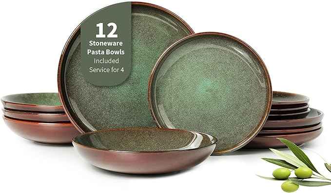 12 Piece Dinnerware Sets with Pasta Bowls, Stain Resistant Dish Set, Easy Cleaning Dishes, Multi-Functional Plate and Bowl Set, Stack Compactly Plates, Service for 4 Sage Green