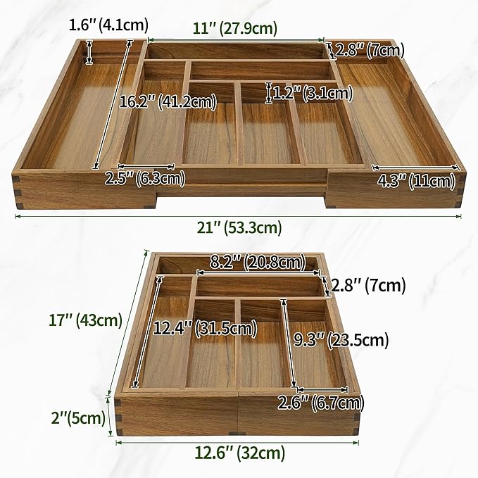 Luxury Acacia Kitchen Drawer Organizer - Silverware Organizer - Utensil Holder and Cutlery Tray with Grooved Drawer Dividers for Flatware and Kitchen Utensils (8 Slot), 17*12.4*2 inch