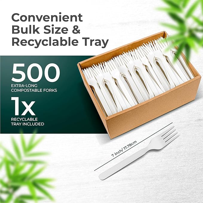 100% Compostable Forks 500 Large biodegradable forks Disposable Compostable Cutlery Silverware Utensils durable and heat resistant alternative to plastic forks with convenient tray by KOALALOVE