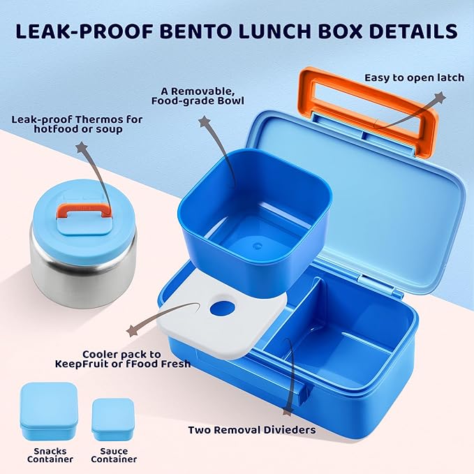 Lunch Box for Kids With 8oz Soup Thermo, Leak-proof Lunch Container with 2 Compartments, Thermo Food Jar Food Containers for Back to School Girls Boys (Blue)
