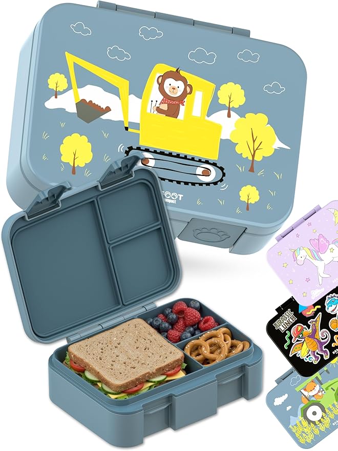Kids Lunch Box with Compartments – Compact & Lightweight | Leak-Proof, BPA-Free, Dishwasher & Microwave Safe | Hand-Drawn Design for Preschool, School, Travel (Excavator Monkey Blue, 2.75 Cups)
