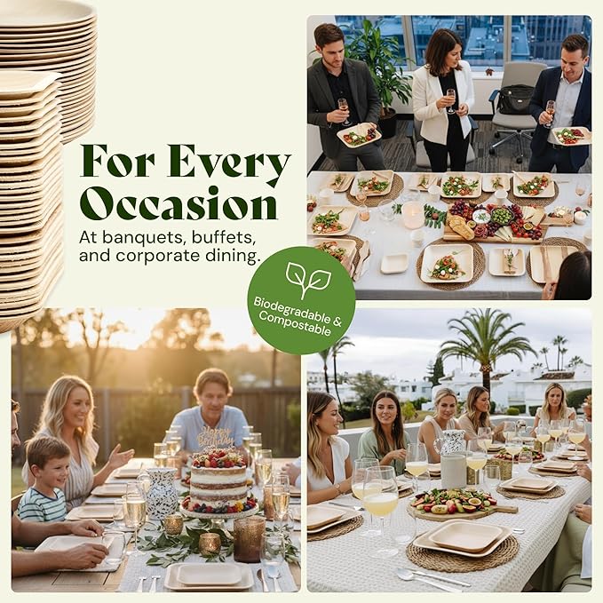 Chic Leaf Compostable & Biodegradable Palm Leaf Disposable Bamboo Plates - Disposable Party Plates for Appetizers - Camping Essentials - Reusable Party Supplies (10 & 7 Inch Square)