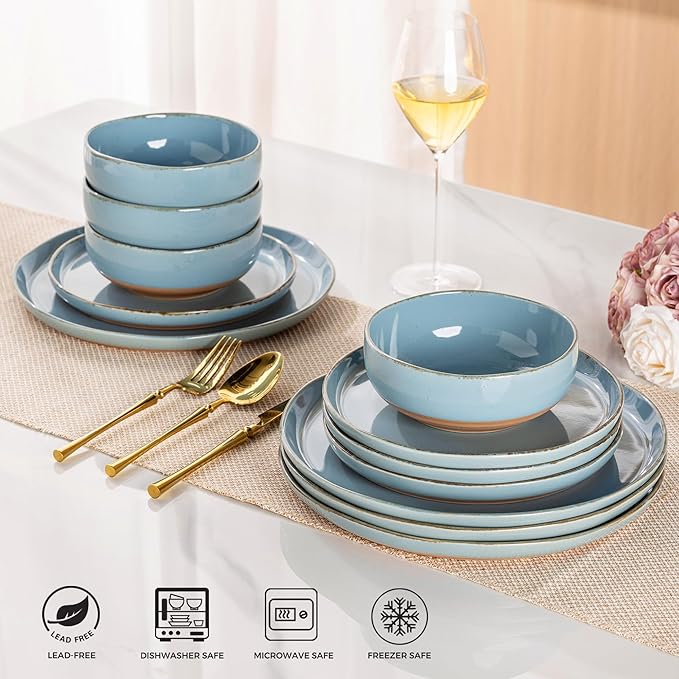 AmorArc Ceramic Dinnerware Sets for 4, 12 Pieces Handpainted Plates and Bowls Set with Rustic Terracotta Underside, Scratch Resistant Stoneware Dishes Set, Dishwasher & Microwave Safe